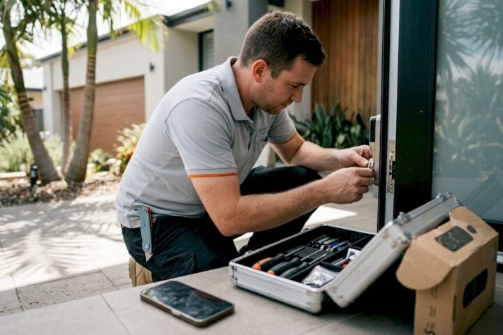 Locksmith replacing security door lock at Australian home