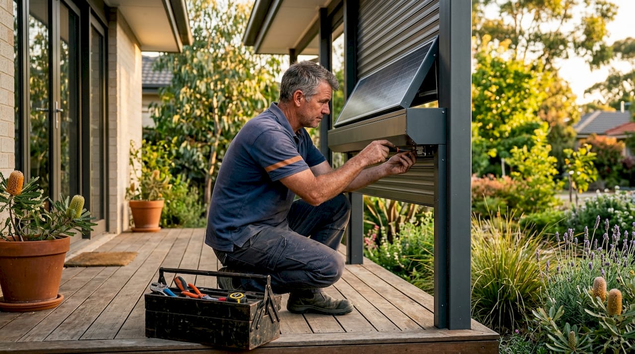 Man inspecting solar roller shutter installation