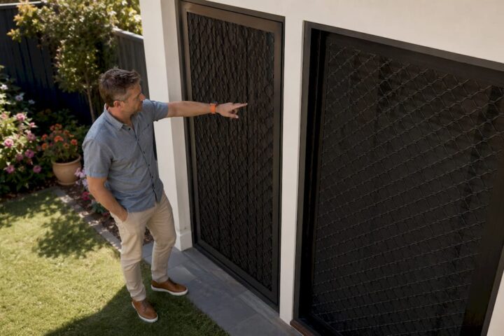 Homeowner comparing SecureView and Crimsafe security screens