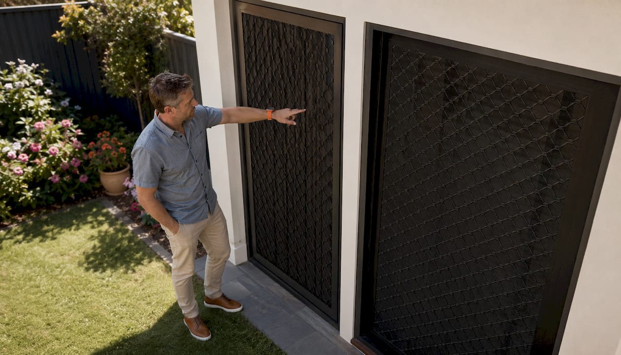 Homeowner comparing SecureView and Crimsafe security screens