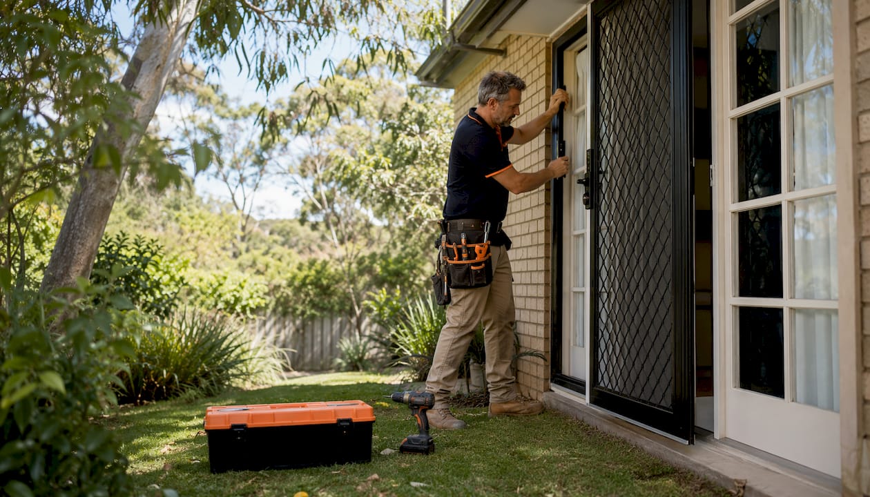 Tradesman installing custom security door on French doors