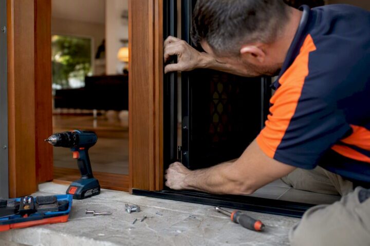 Hands installing security door frame at home entry