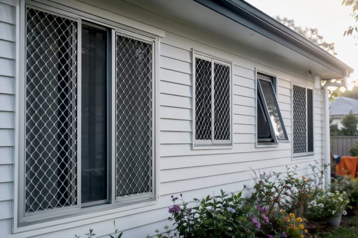 Suburban house with window security screens installed