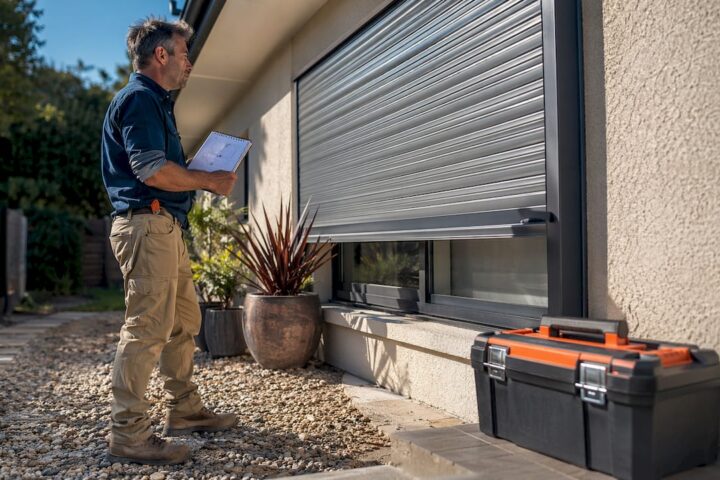 Man inspecting roller shutters at home exterior