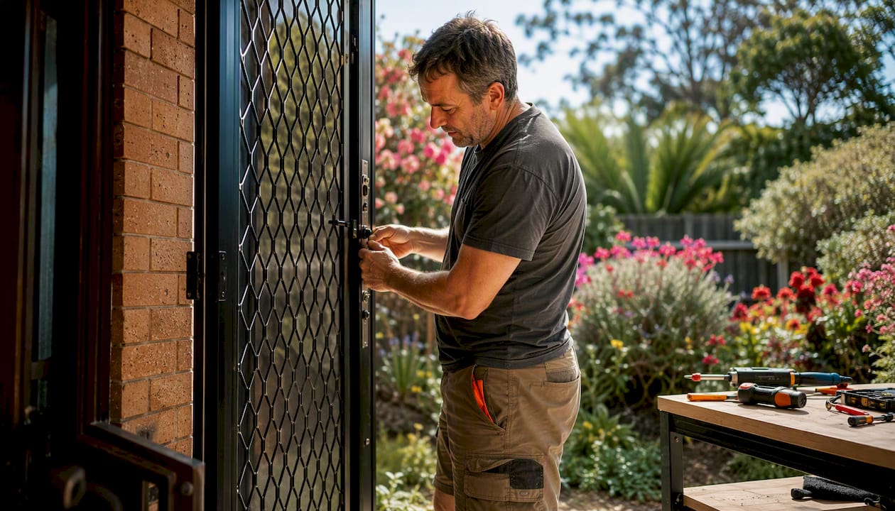 Homeowner adjusting triple lock on security door