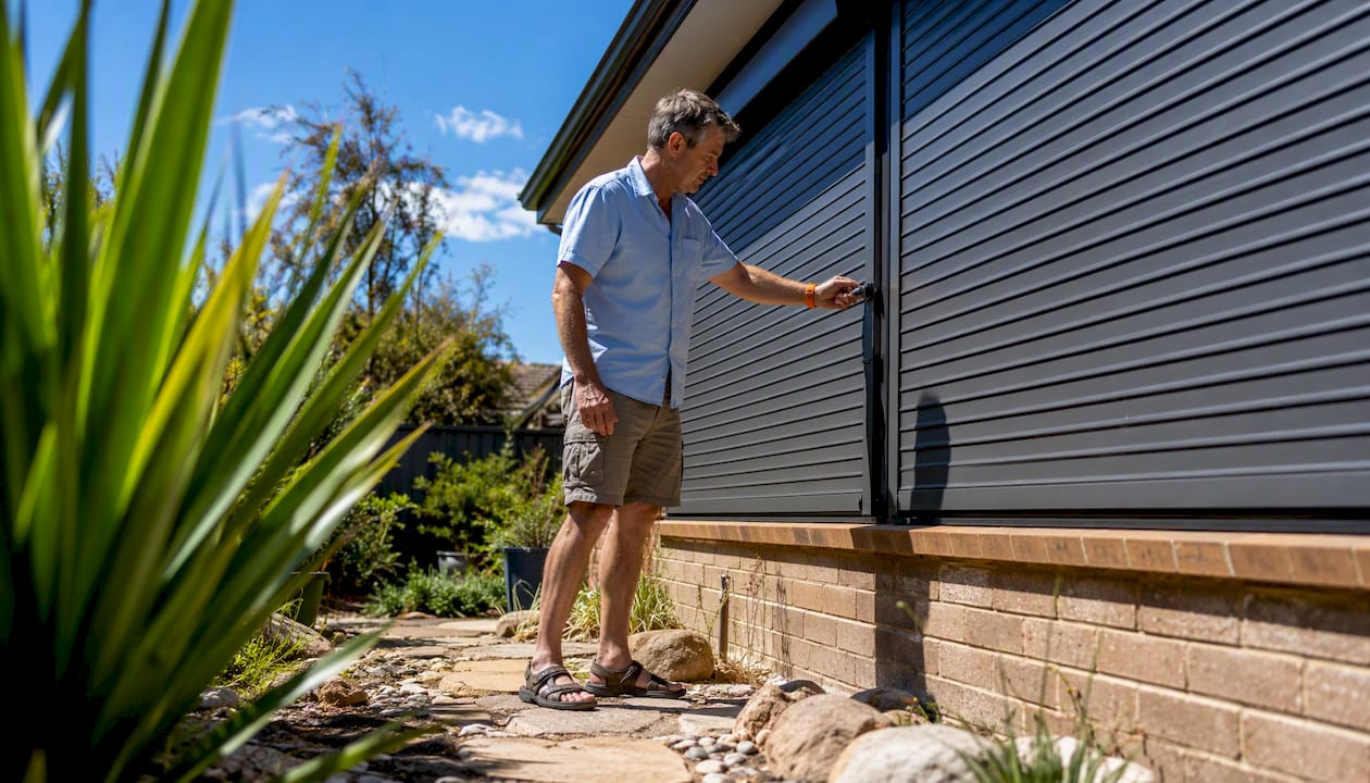 Man inspecting roller shutters on home windows